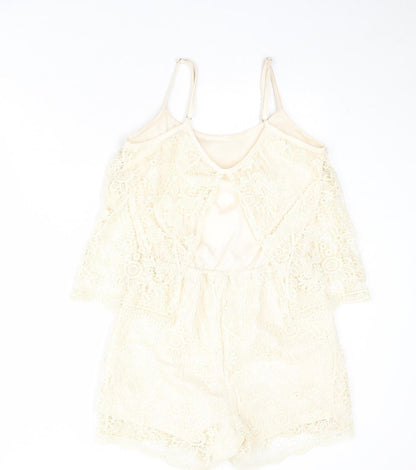 Back view of Rebel women’s beige floral polyester playsuit one-piece, size M, pullover