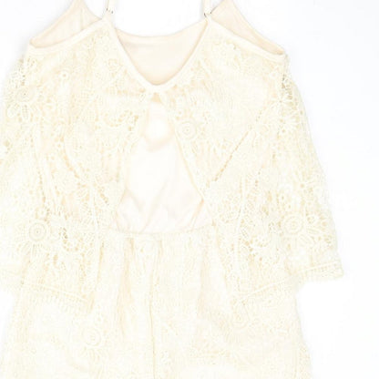 Brand and care label for Rebel women’s beige floral polyester playsuit one-piece, size M, pullover