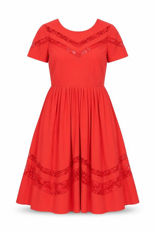 Front view of ASOS women’s red polyester a-line, size UK 10, round neck zip - lace details