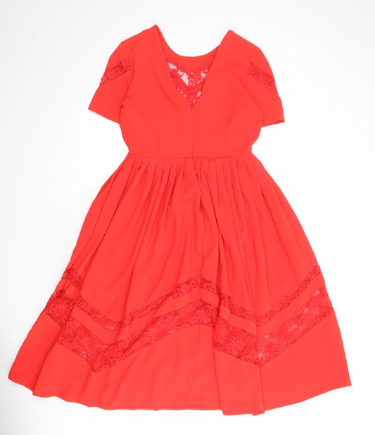 ASOS Womens Red Polyester A-Line Size 10 Round Neck Zip - Lace Details