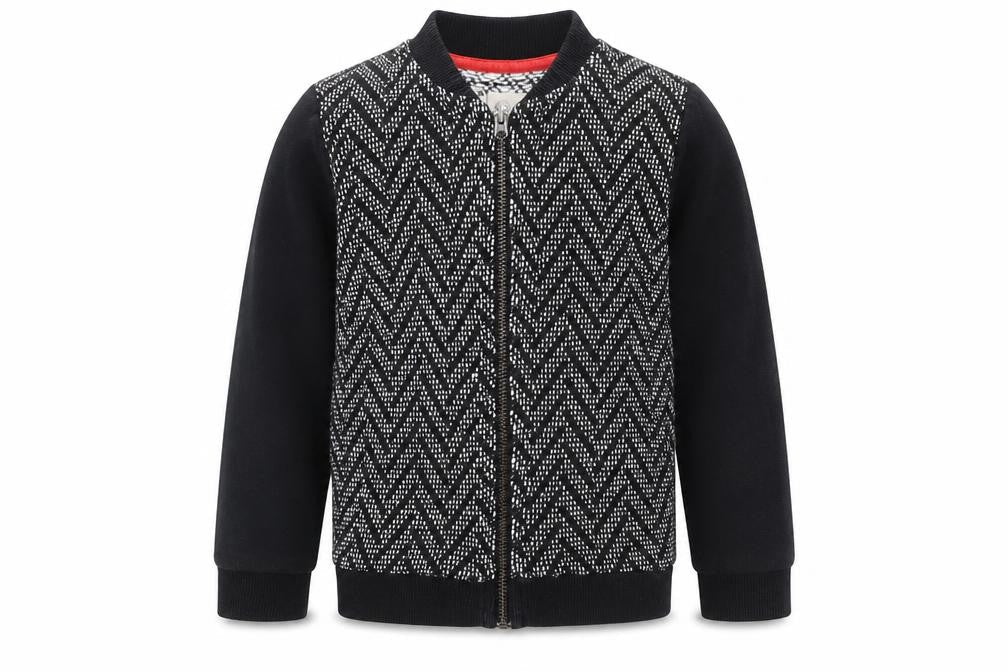 Front view of River Island boys’ black geometric jacket, size 2-3, years zip