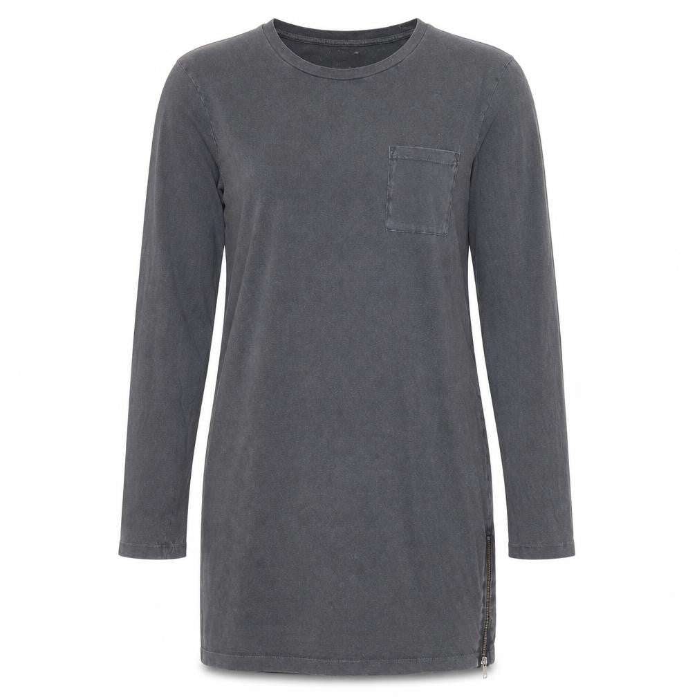 Front view of ASOS women’s grey 100% cotton t-shirt dress, size M, round neck zip - zip detail on sides
