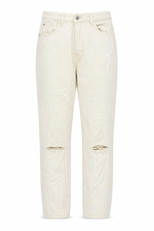 Front view of Missguided women’s beige cotton mom jeans, size UK 10, regular zip