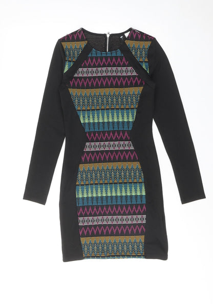 H&M Womens Multicoloured Geometric Polyester Shift Size 8 Round Neck Zip