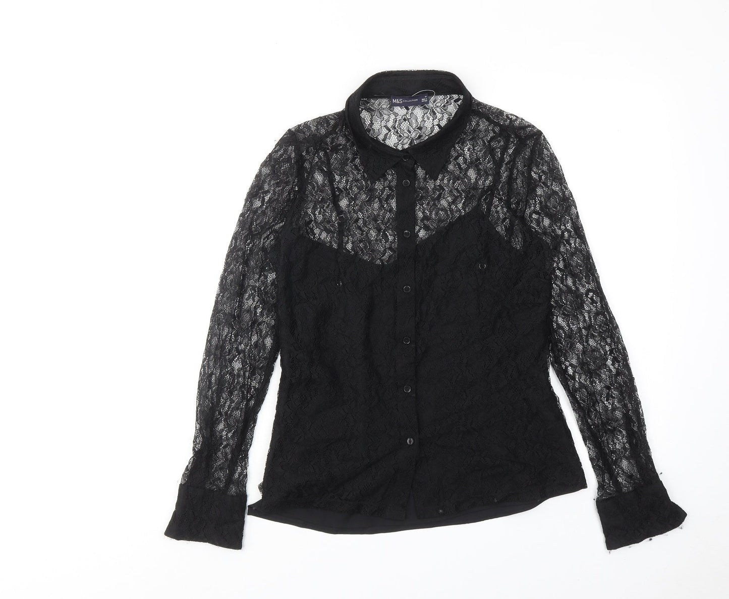 Marks and Spencer Womens Black Polyamide Basic Button-Up Size 10 Collared