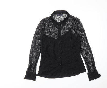 Marks and Spencer Womens Black Polyamide Basic Button-Up Size 10 Collared