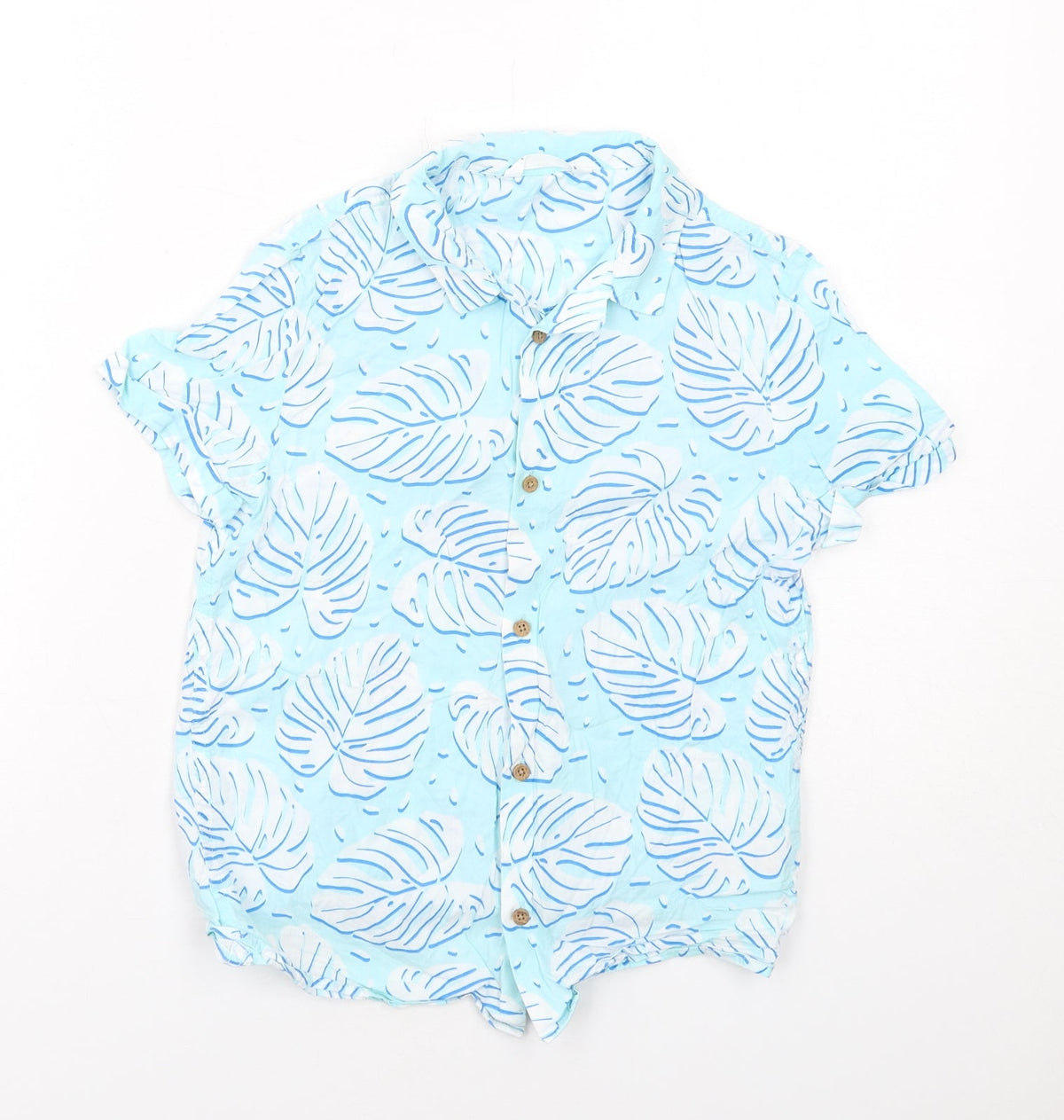 Marks and Spencer Boys Blue Geometric Cotton Basic Button-Up Size 8-9 Years Collared Button - Leaf Print