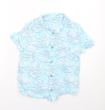 Marks and Spencer Boys Blue Geometric Cotton Basic Button-Up Size 8-9 Years Collared Button - Leaf Print