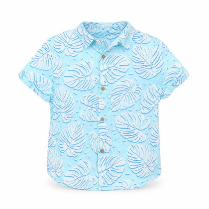Marks and Spencer Boys Blue Geometric Cotton Basic Button-Up Size 8-9 Years Collared Button - Leaf Print