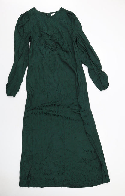 H&M Womens Green Animal Print Viscose Maxi Size 6 Round Neck Button - Cheetah pattern