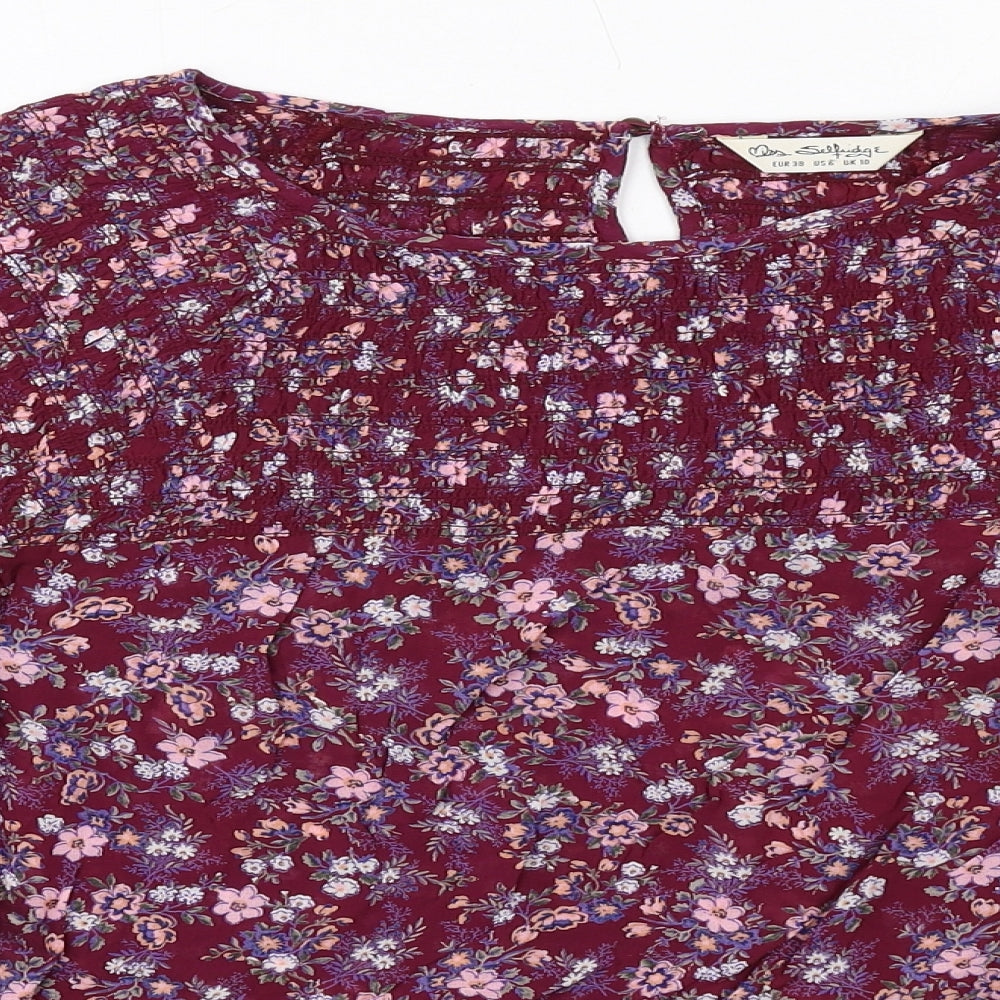 Miss Selfridge Womens Purple Floral Viscose Basic Blouse Size 10 Round Neck