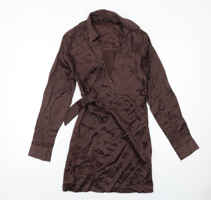 Zara Womens Brown Viscose Shirt Dress Size XS Collared Button
