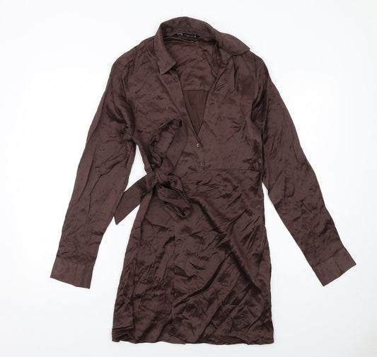 Zara Womens Brown Viscose Shirt Dress Size XS Collared Button