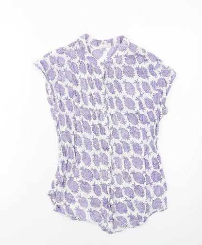 EAST Womens White Geometric Cotton Basic Button-Up Size 12 Round Neck - Pineapple