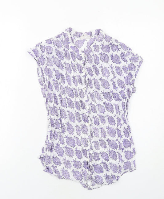 EAST Womens White Geometric Cotton Basic Button-Up Size 12 Round Neck - Pineapple