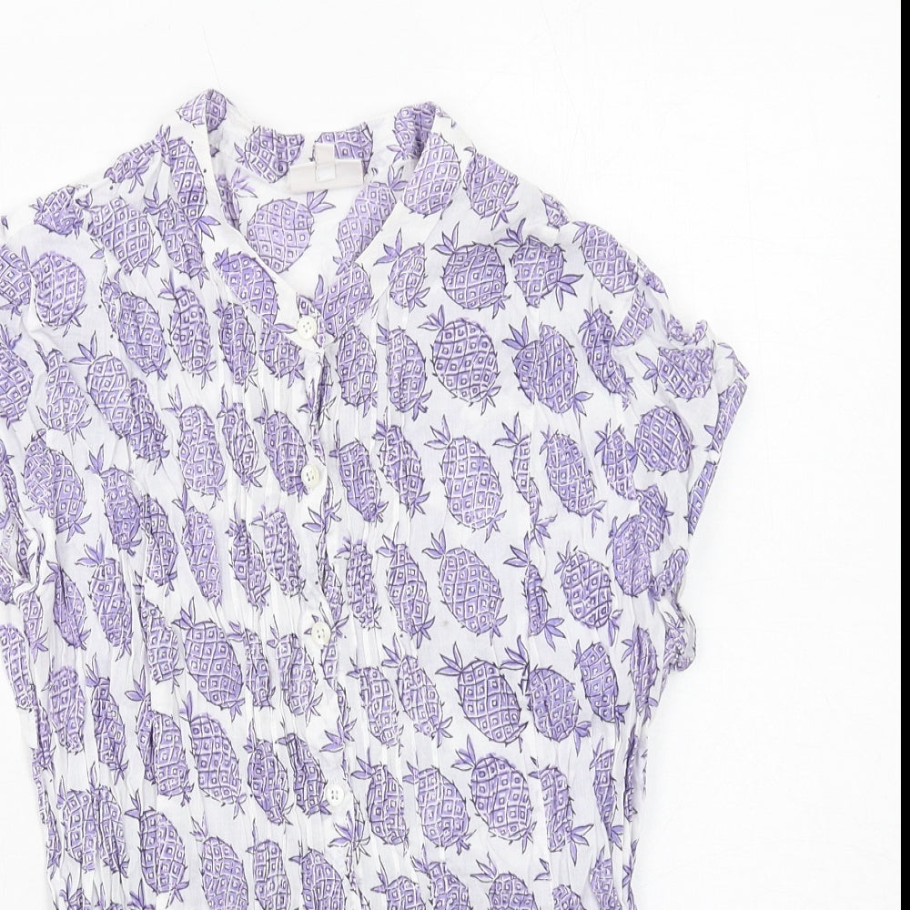 EAST Womens White Geometric Cotton Basic Button-Up Size 12 Round Neck - Pineapple