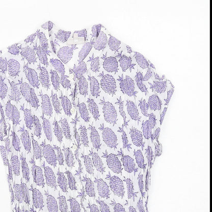 EAST Womens White Geometric Cotton Basic Button-Up Size 12 Round Neck - Pineapple