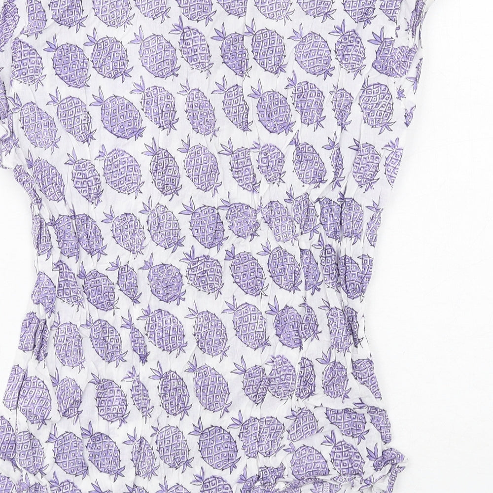 EAST Womens White Geometric Cotton Basic Button-Up Size 12 Round Neck - Pineapple