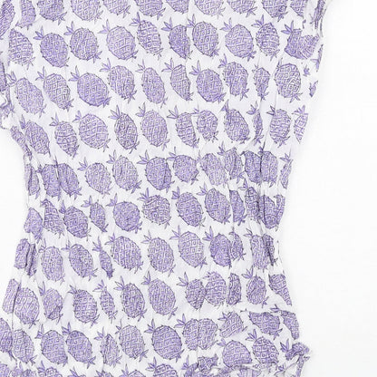 EAST Womens White Geometric Cotton Basic Button-Up Size 12 Round Neck - Pineapple