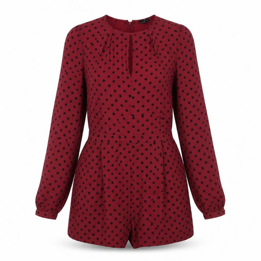 Front view of ASOS women’s red polka dot viscose playsuit one-piece, size UK 10, zip