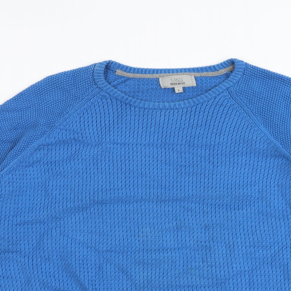 Marks and Spencer Mens Blue Round Neck Cotton Pullover Jumper Size L Long Sleeve