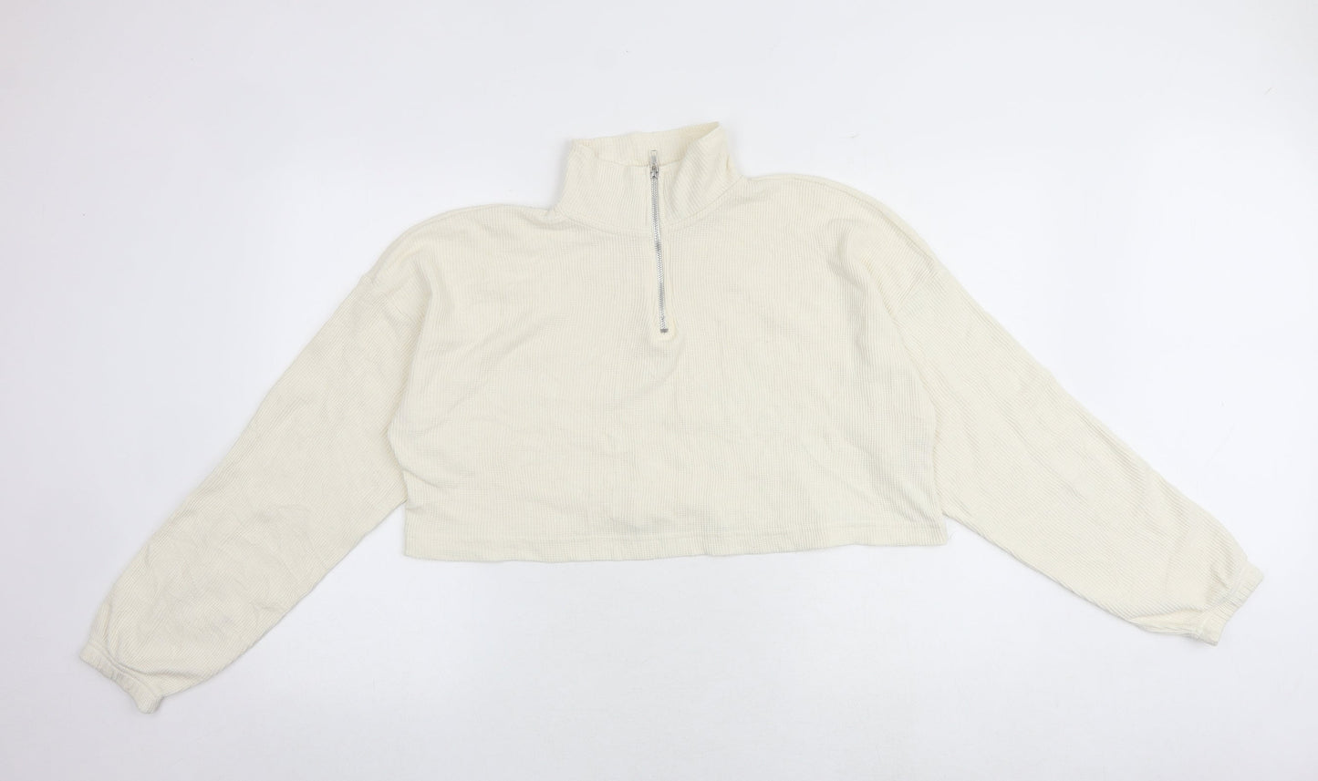 Boohoo Womens White Cotton Pullover Sweatshirt Size 10 Zip