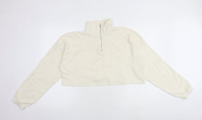 Boohoo Womens White Cotton Pullover Sweatshirt Size 10 Zip