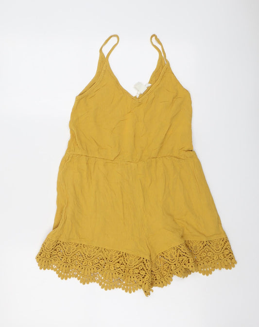 H&M Womens Yellow Viscose Playsuit One-Piece Size 8 Pullover - Crocheted Lace Detail