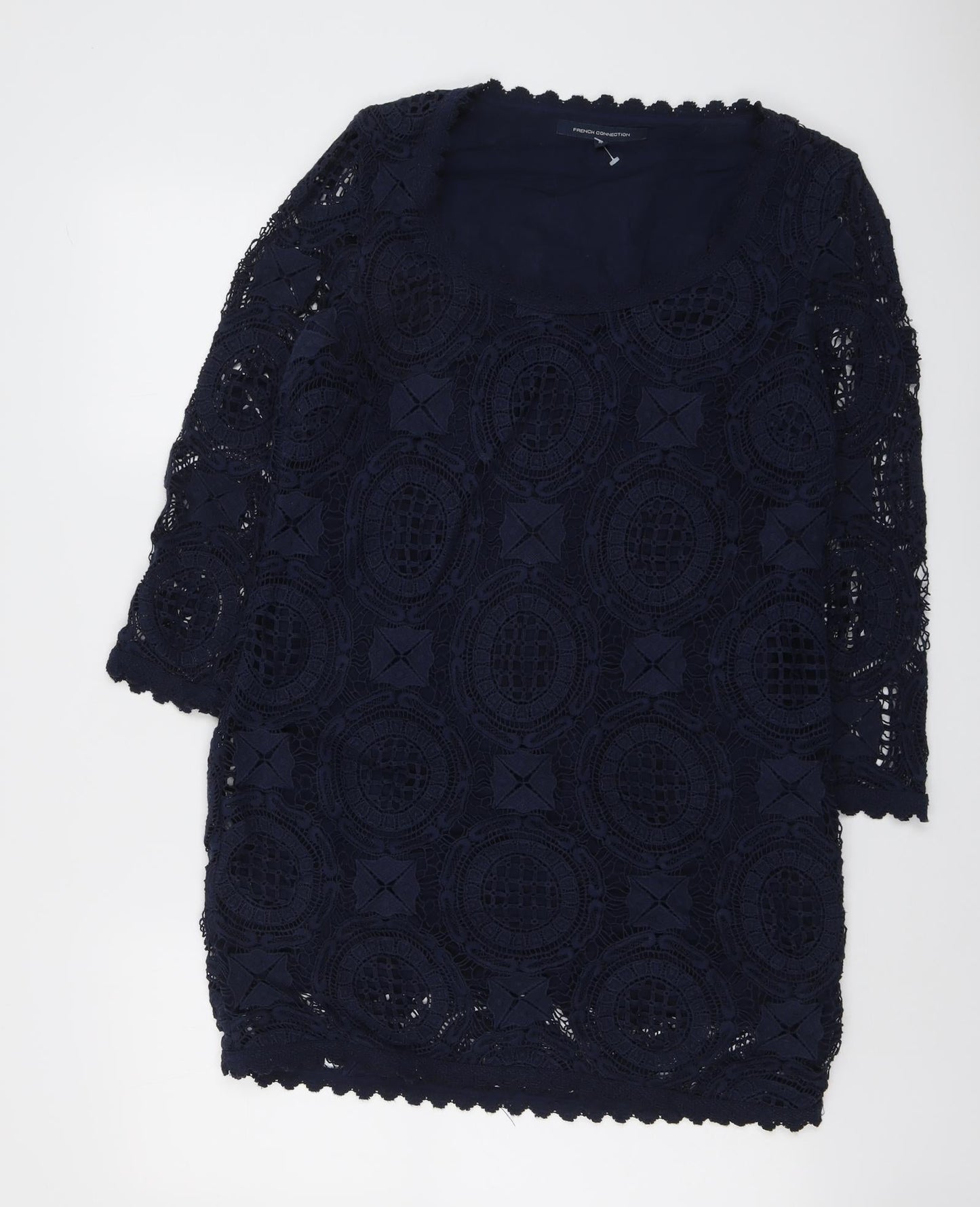 French Connection Womens Blue Geometric Cotton A-Line Size 10 Scoop Neck Pullover