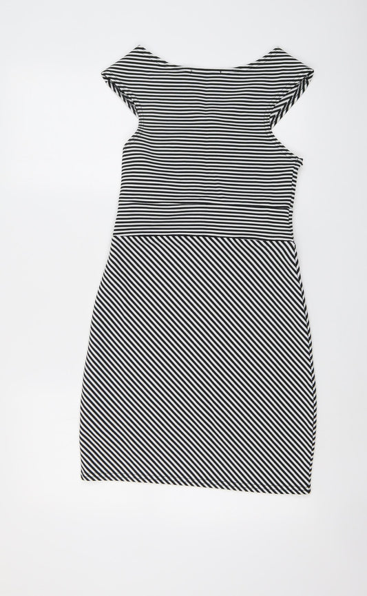 Boohoo Womens Black Striped Polyester Bodycon Size 10 V-Neck Pullover