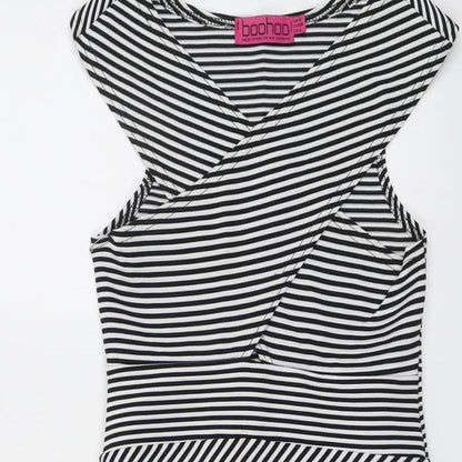 Boohoo Womens Black Striped Polyester Bodycon Size 10 V-Neck Pullover