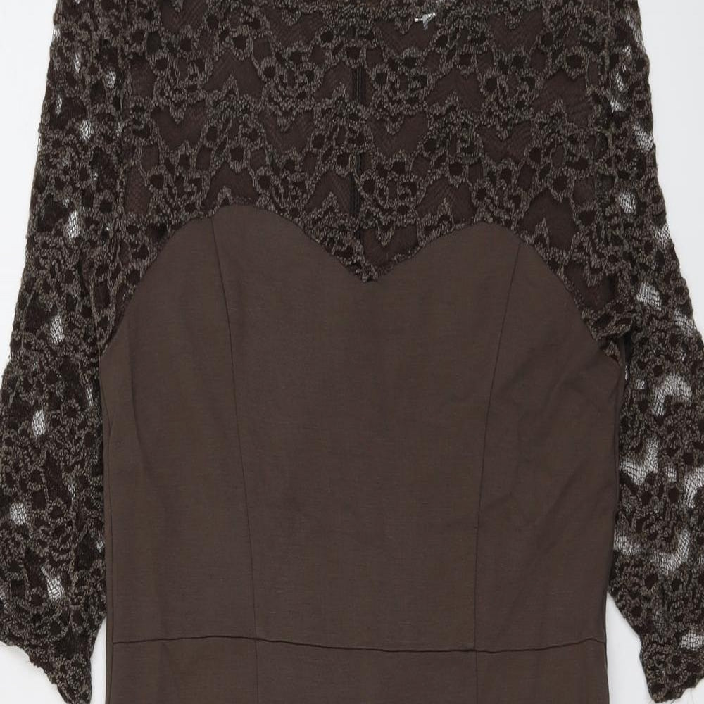 HEINE Womens Brown Floral Viscose A-Line Size 14 Round Neck Zip