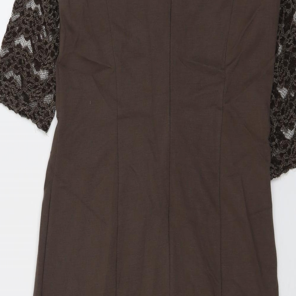 HEINE Womens Brown Floral Viscose A-Line Size 14 Round Neck Zip