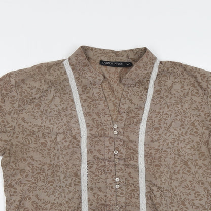 Lauren Taylor Womens Brown Geometric Cotton Basic Button-Up Size M V-Neck