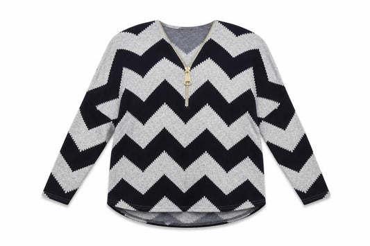 Front view of Izabel women’s blue v-neck geometric polyester jumper, size UK 10