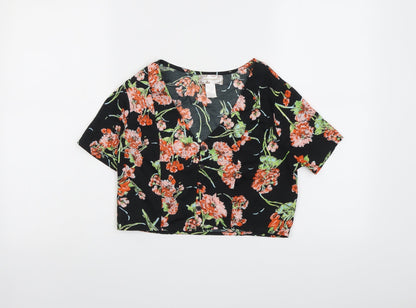 Band of Gypsies Womens Black Floral Polyester Cropped Blouse Size XS V-Neck