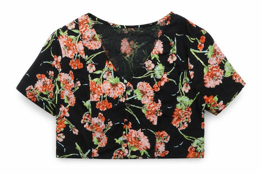 Band of Gypsies Womens Black Floral Polyester Cropped Blouse Size XS V-Neck