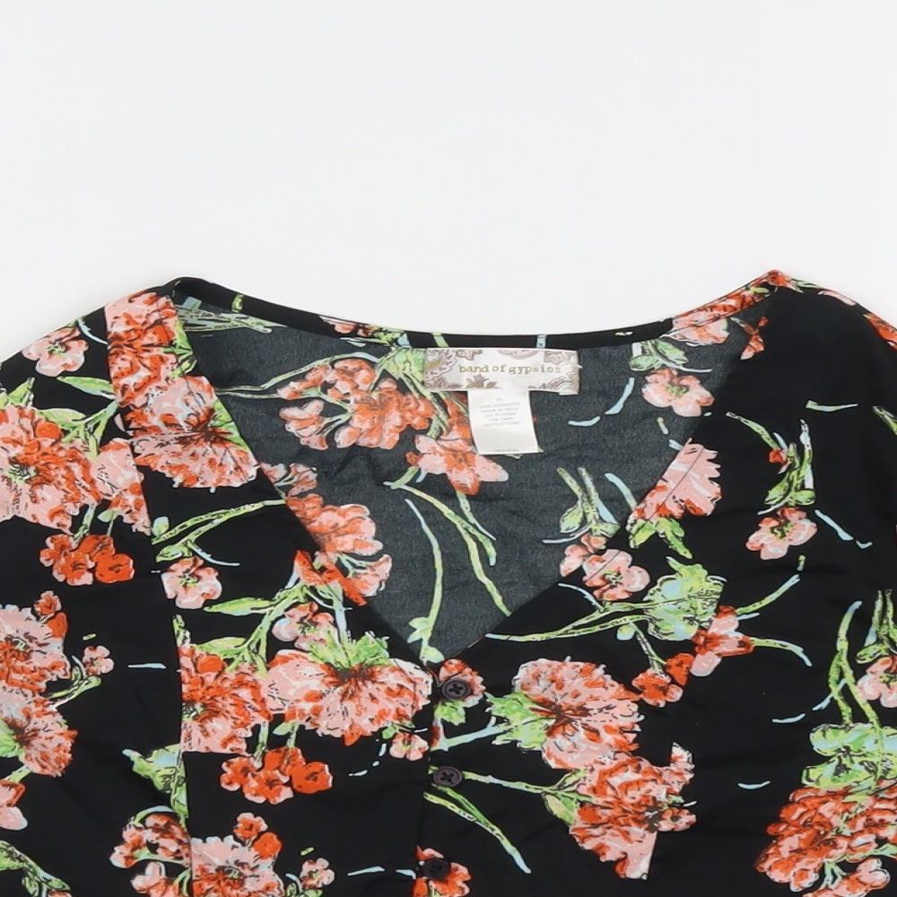 Band of Gypsies Womens Black Floral Polyester Cropped Blouse Size XS V-Neck