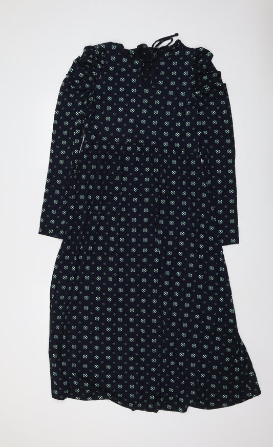 Marks and Spencer Womens Blue Geometric Viscose Trapeze & Swing Size 10 Round Neck Tie