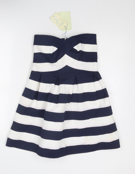 Blue Vanilla Womens Blue Striped Polyester A-Line Size S Off the Shoulder Zip