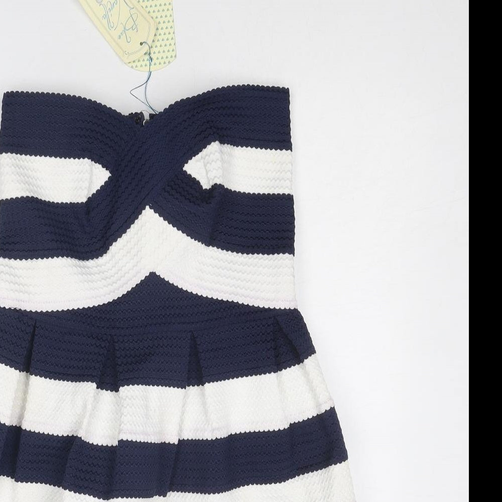 Blue Vanilla Womens Blue Striped Polyester A-Line Size S Off the Shoulder Zip