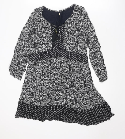 Hollister Womens Black Geometric Viscose A-Line Size M V-Neck Tie