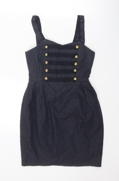 New Look Womens Blue Cotton Pinafore/Dungaree Dress Size 8 V-Neck Zip
