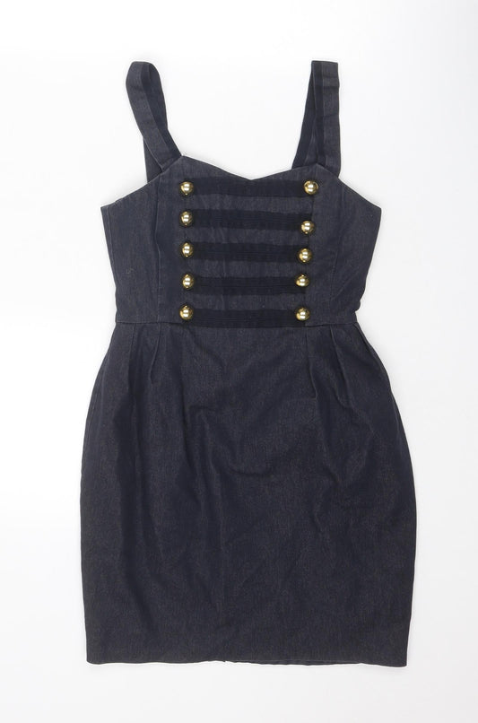 New Look Womens Blue Cotton Pinafore/Dungaree Dress Size 8 V-Neck Zip