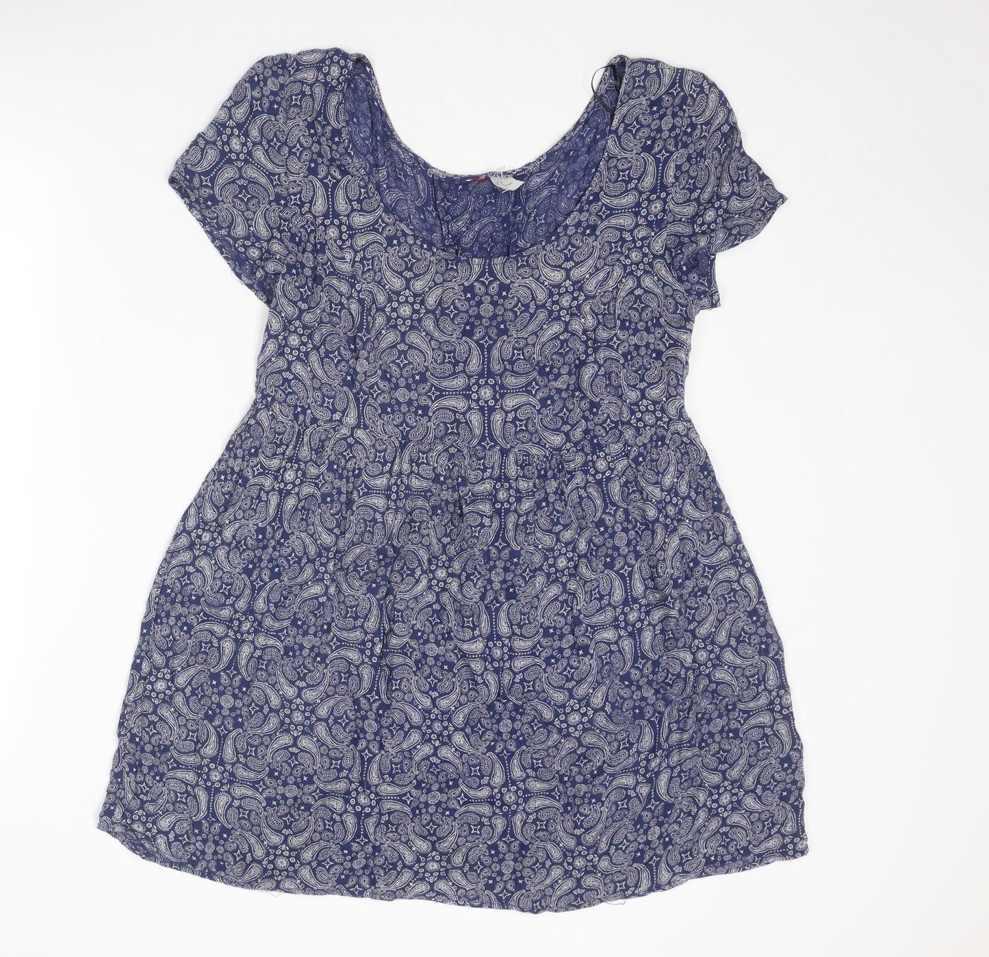 Divided by H&M Womens Blue Geometric Viscose A-Line Size 10 Round Neck Lace Up