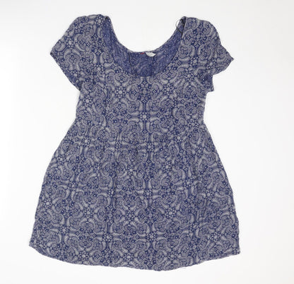 Divided by H&M Womens Blue Geometric Viscose A-Line Size 10 Round Neck Lace Up