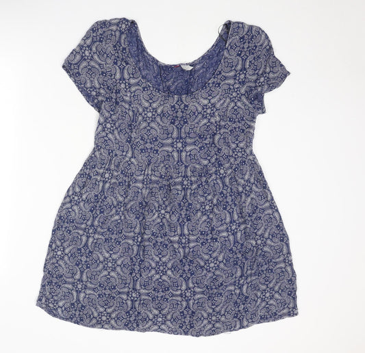 Divided by H&M Womens Blue Geometric Viscose A-Line Size 10 Round Neck Lace Up