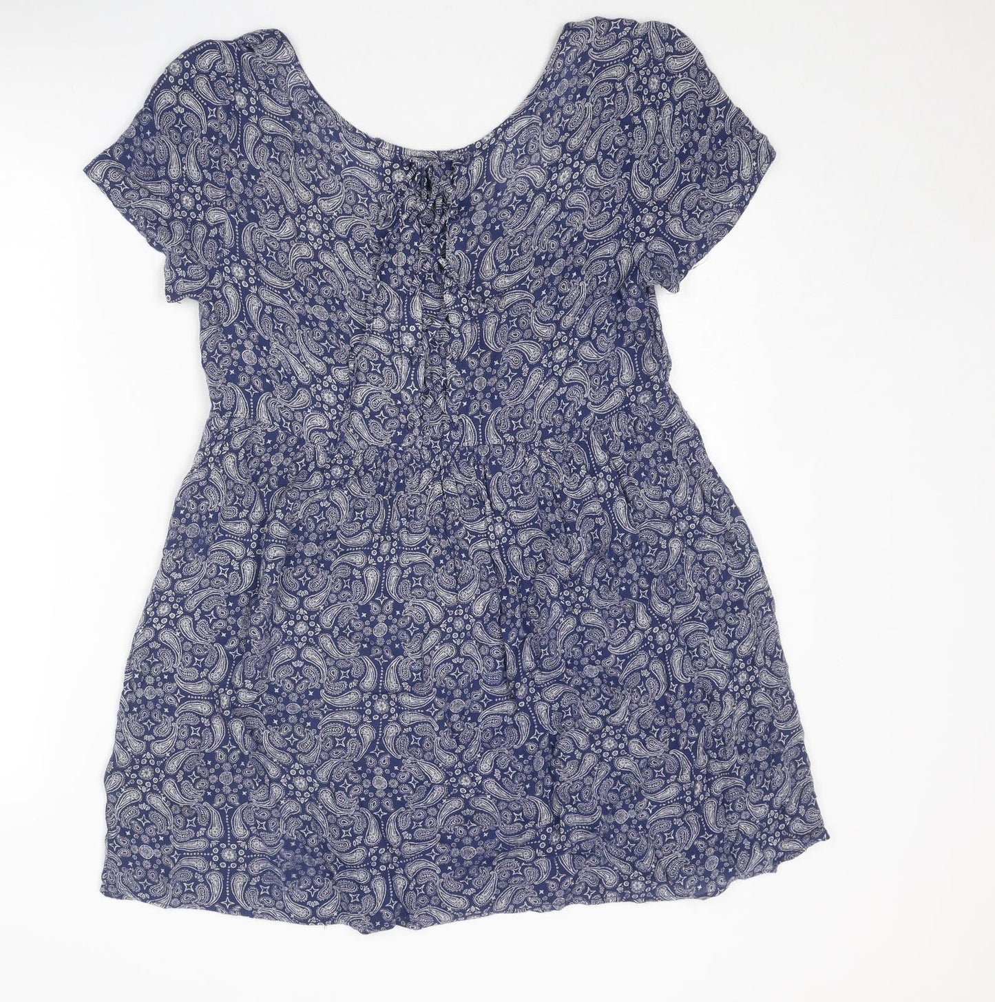 Divided by H&M Womens Blue Geometric Viscose A-Line Size 10 Round Neck Lace Up