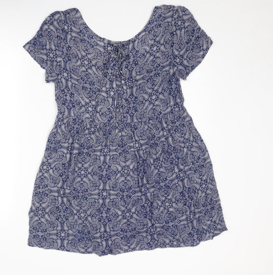 Divided by H&M Womens Blue Geometric Viscose A-Line Size 10 Round Neck Lace Up