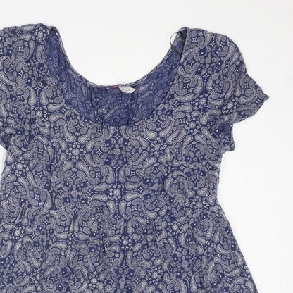Divided by H&M Womens Blue Geometric Viscose A-Line Size 10 Round Neck Lace Up